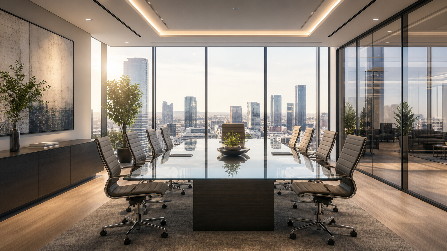 Contemporary business consulting agency meeting room with a glass table and city view, representing AI business consulting services