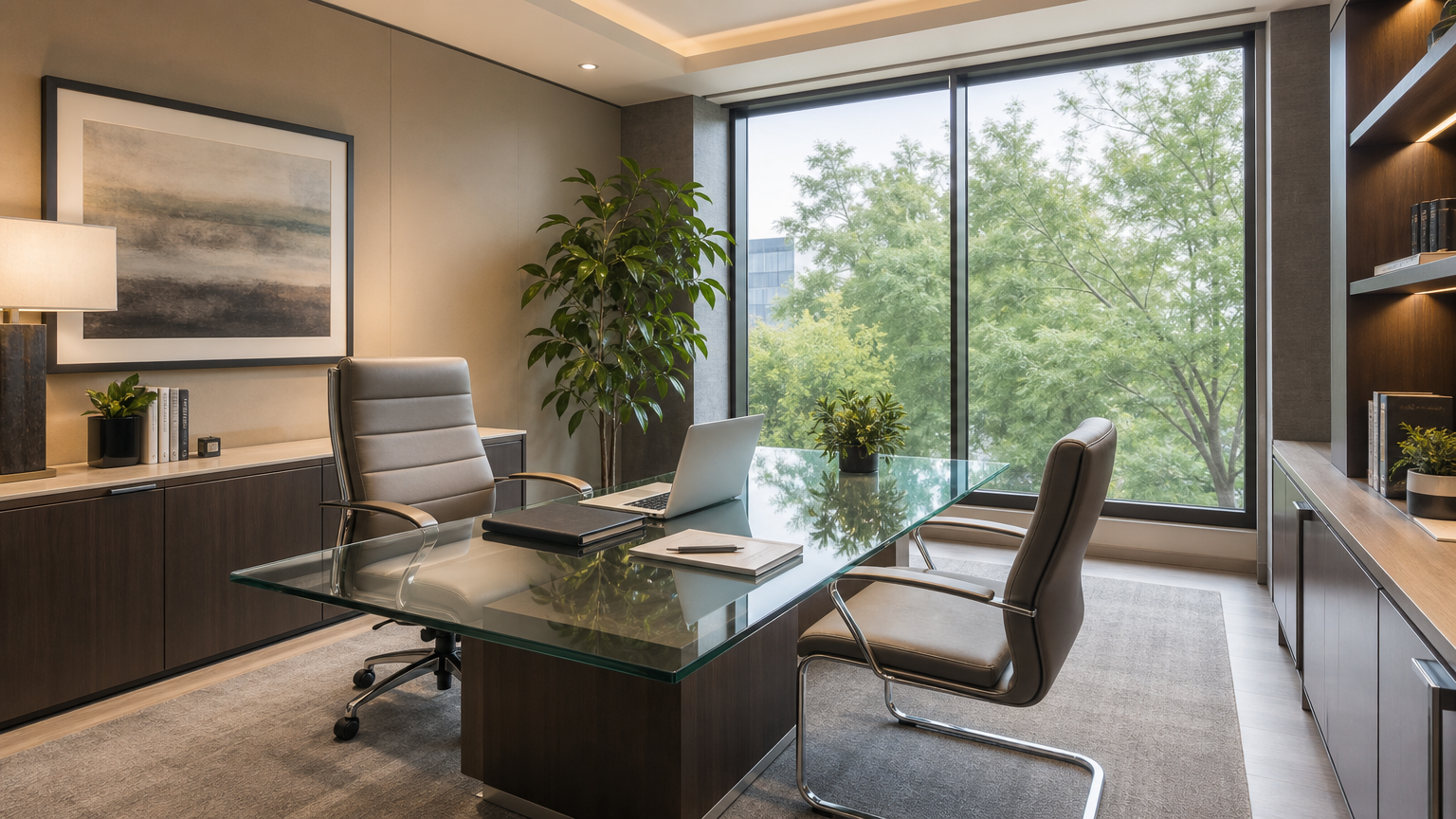Modern business consulting office featuring elegant glass table, executive chairs, and organized workspace bathed in natural light