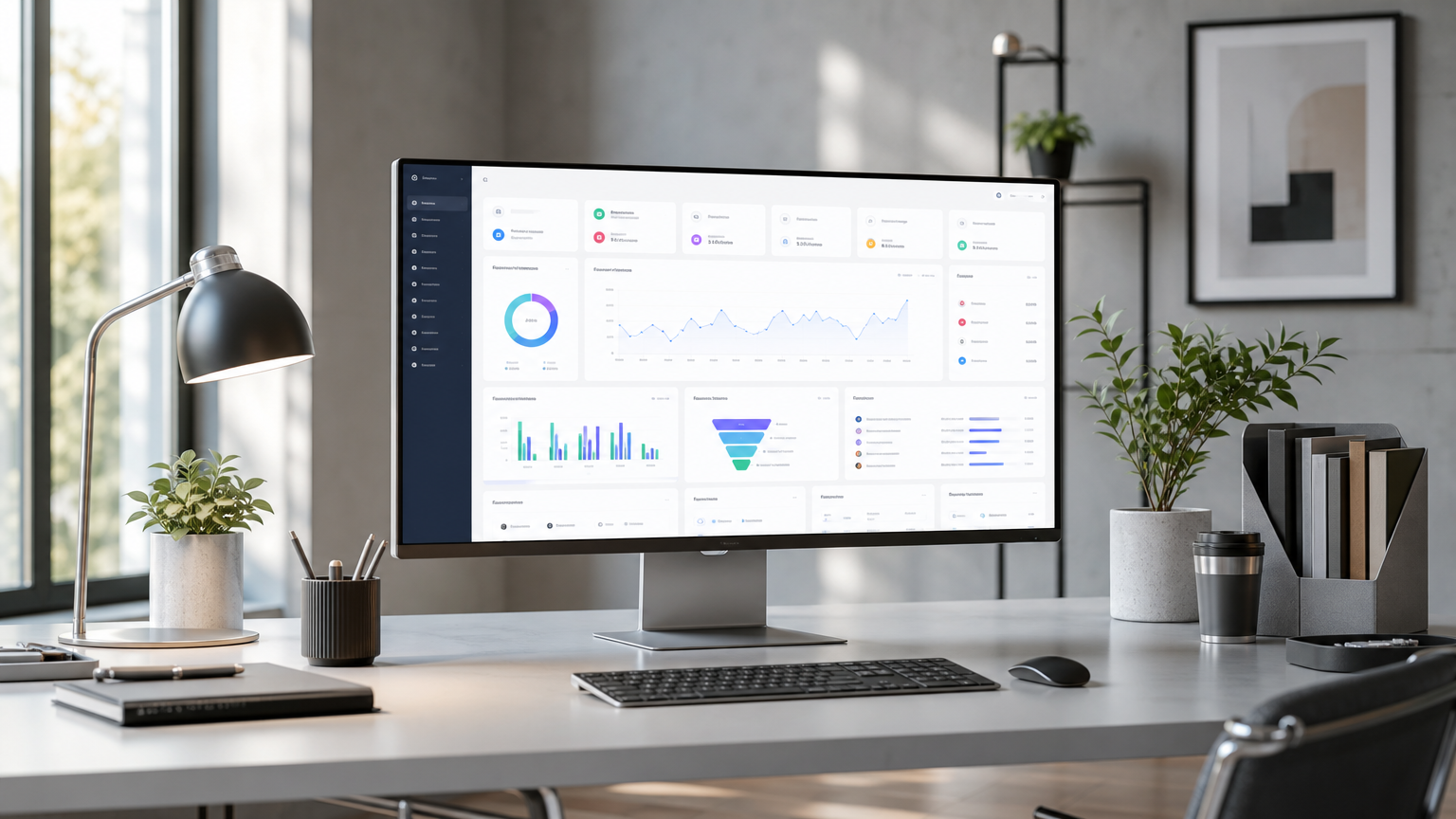 Modern business consulting office with organized desk and CRM software dashboard on monitor, showcasing seamless digital integration