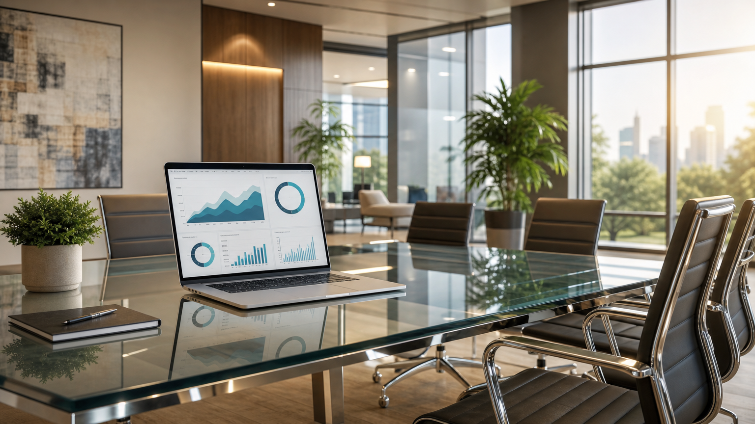 Modern consulting office with glass conference table and open laptop showing analytics, symbolizing conversion rate optimization services