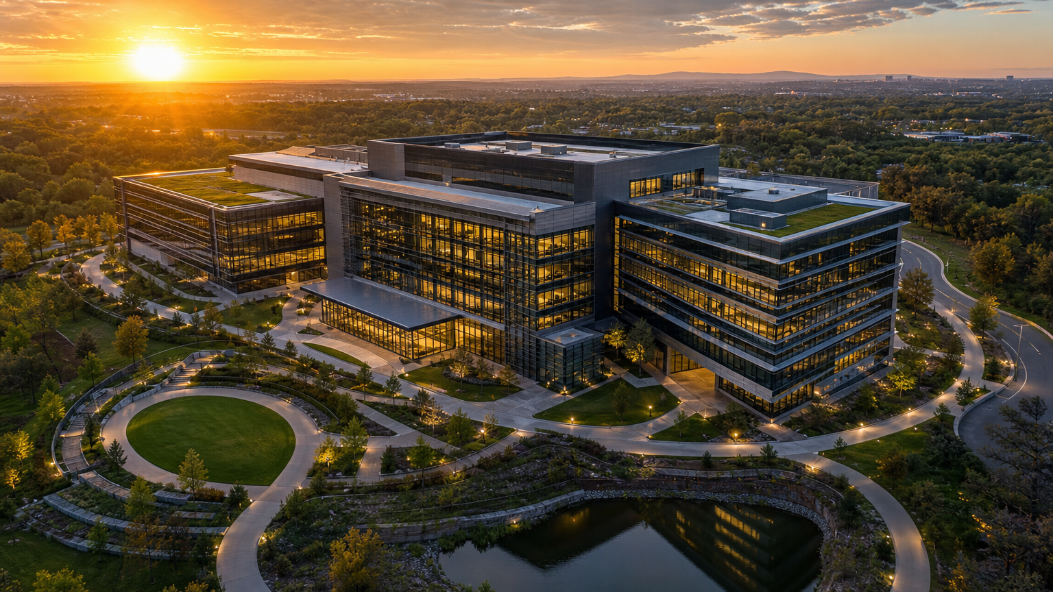 Aerial drone view of modern office buildings used by business consulting agencies, with landscaped grounds and striking architectural lines