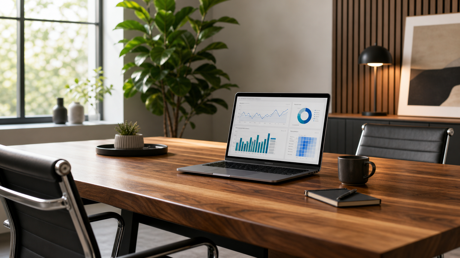 Contemporary consulting agency workspace with meeting table and laptop showing influencer marketing analytics