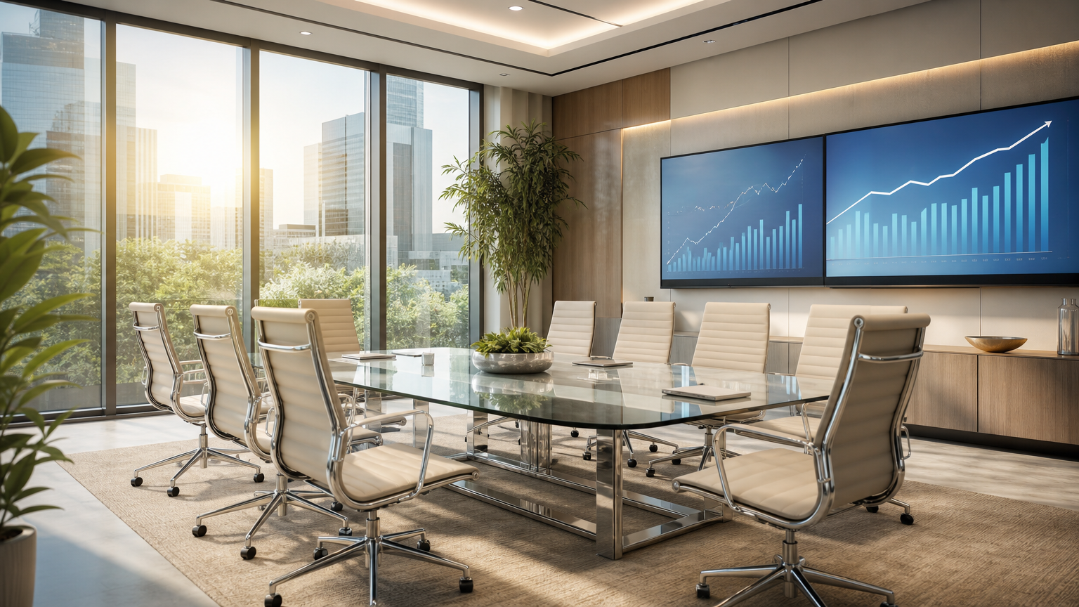 Modern office meeting room with glass table and digital charts, representing lead generation solutions at a business consulting agency