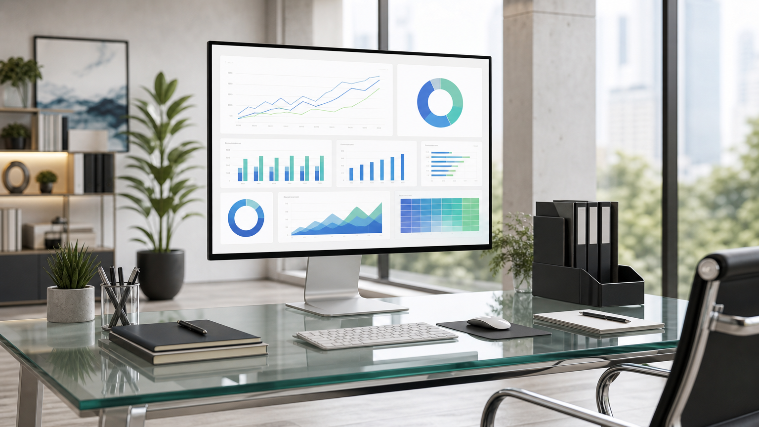 Modern office workspace with computer screen showing marketing automation dashboard, ideal for a business consulting agency service page