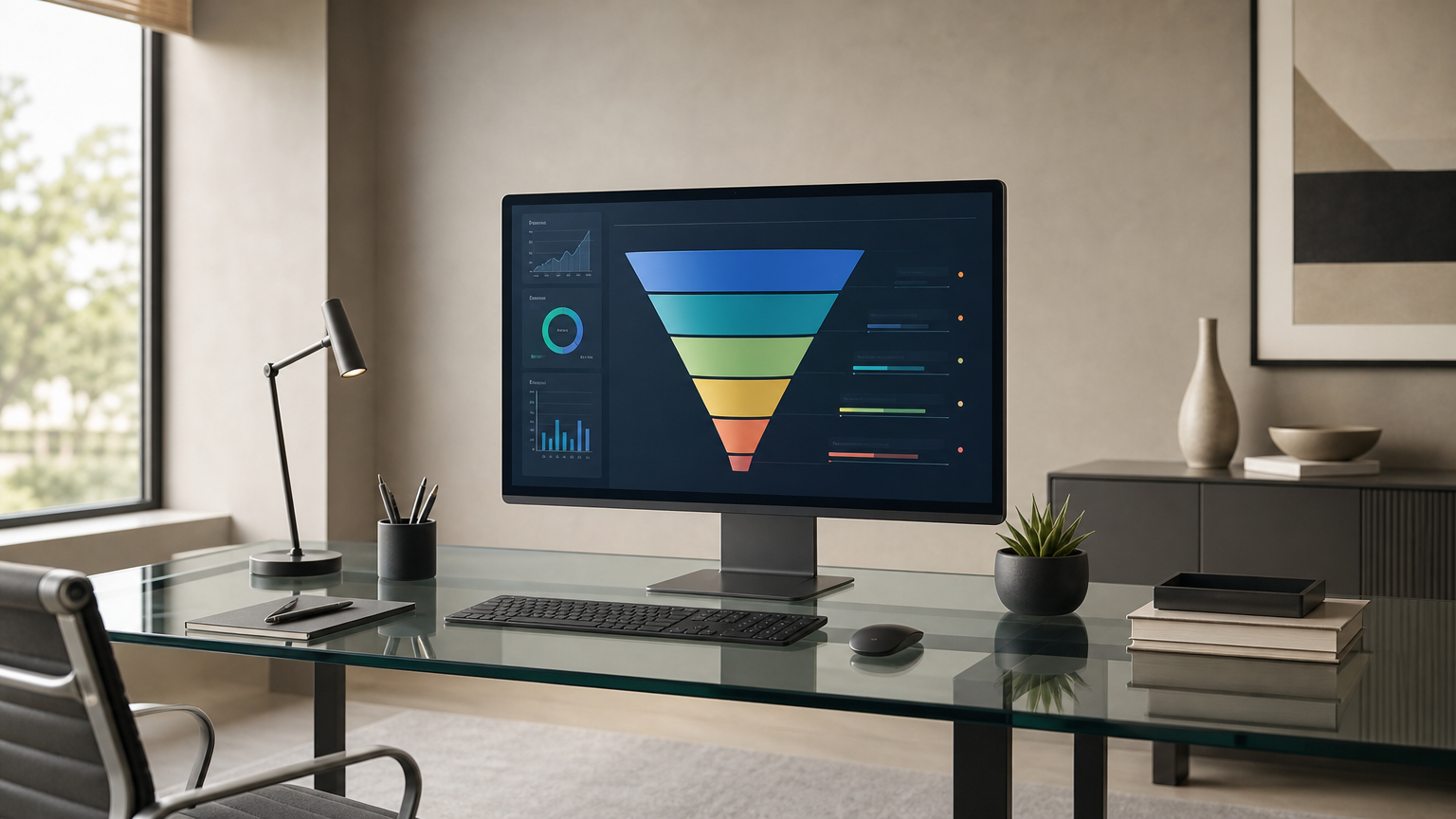 Modern business consulting office with a digital sales funnel displayed on a large monitor, highlighting a streamlined and professional sales process