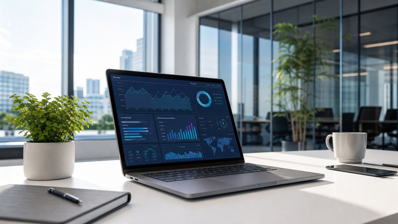 Modern business consulting office workspace with open laptop displaying SEO analytics dashboard, bright and clean environment