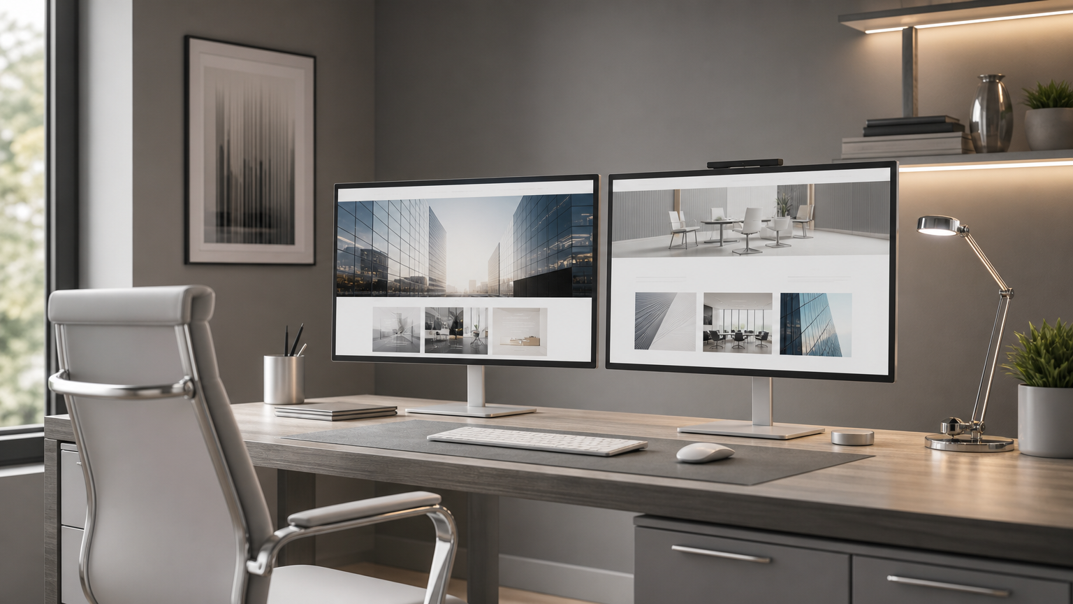 Modern business consulting agency workspace with dual monitors displaying a professional website design, clean minimalist desk, and soft neutral office decor